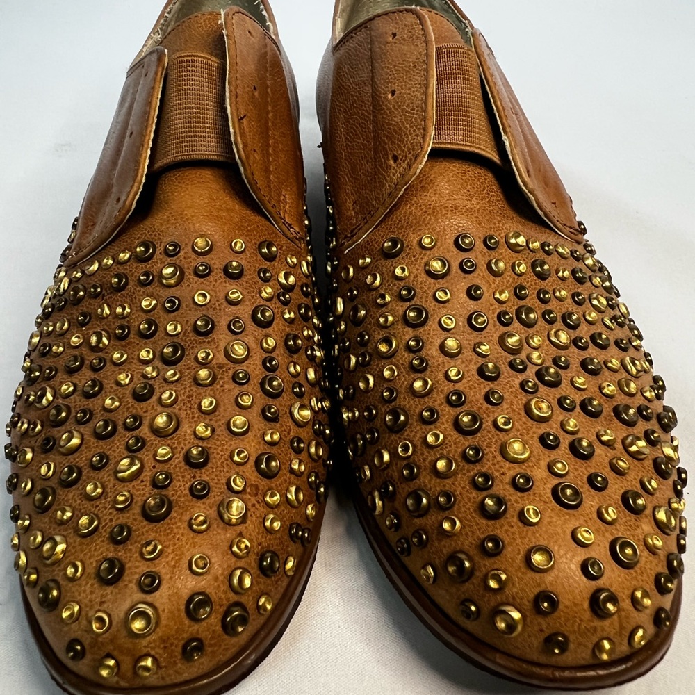 Candela Cognac Leather Studded Loafers | Mixed Metal Stud Detail | Size 8